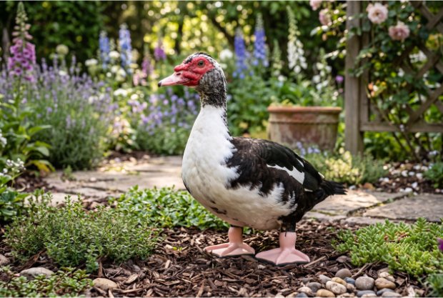 A Muscovy duck standing in a flower garden on two pink 3D-printed prosthetic webbed feet.
